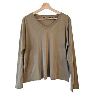 Eddie Bauer Women's V Neck Long Sleeve Shirt Pure Cotton Olive Green Size XL